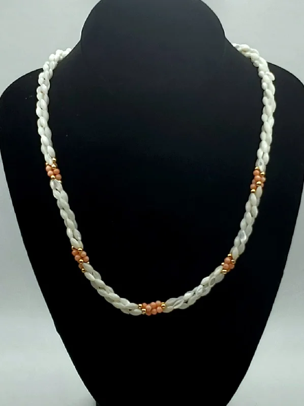 geometric necklaces for women -Vintage Triple Twisted Mother-of-Pearl, Pink Coral Necklace - 24"