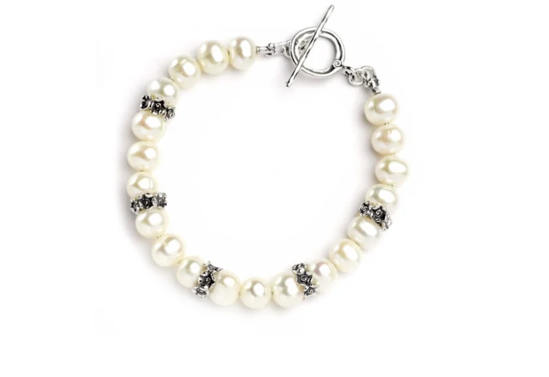 personalized rings for women -Sterling Silver Pearl Bracelet - B6392