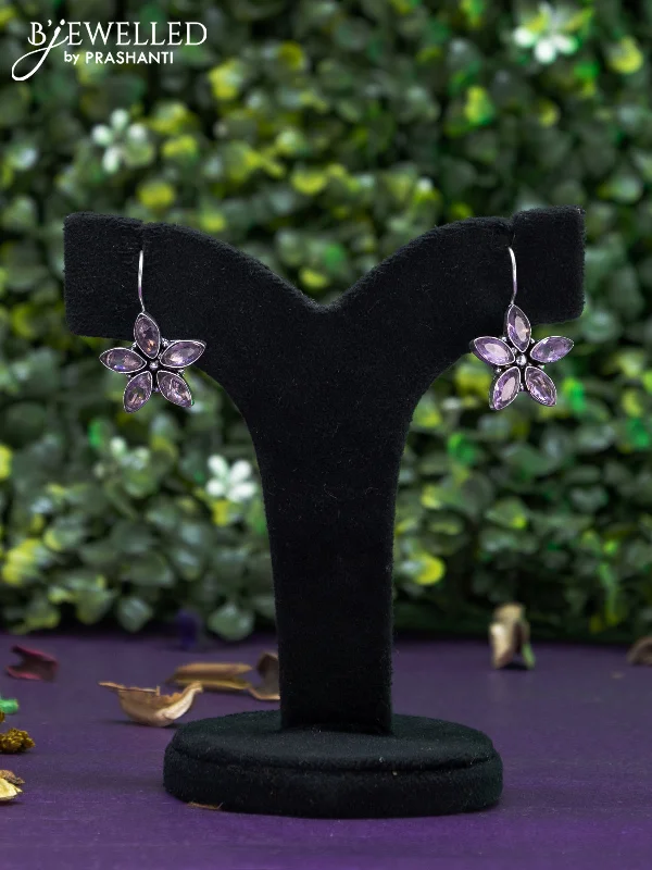 trendy ear climbers for women -Oxidised hanging type earring floral design with violet stones