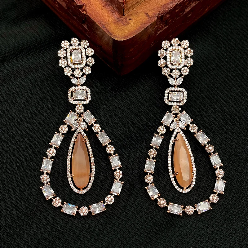 unique earrings for women -Statement Rose Gold Long White & Peach AD (CZ) Earring