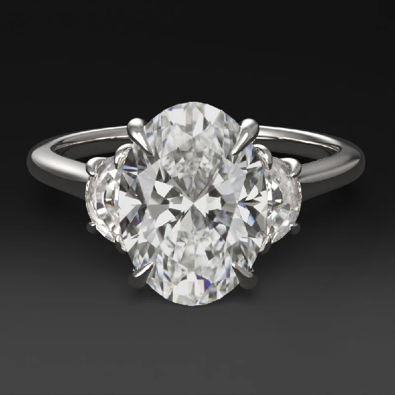 affordable engagement rings -2ct LAB CREATED DIAMOND ENGAGEMENT RING 3 STONE OVAL HALF MOON CUT WHITE GOLD