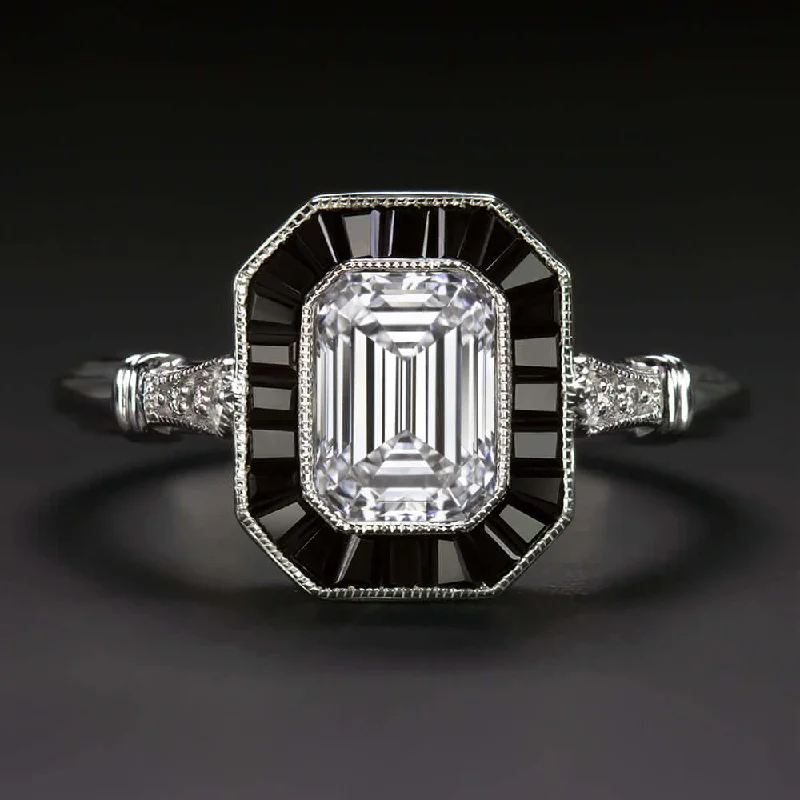 luxury engagement rings -1ct GIA CERTIFIED D VS1 DIAMOND ENGAGEMENT RING VINTAGE STYLE ONYX EMERALD CUT