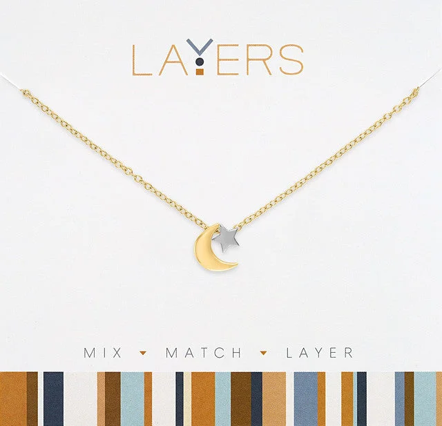 sparkling crystal necklaces for women -Gold Two-Tone Moon & Star Layers Necklace