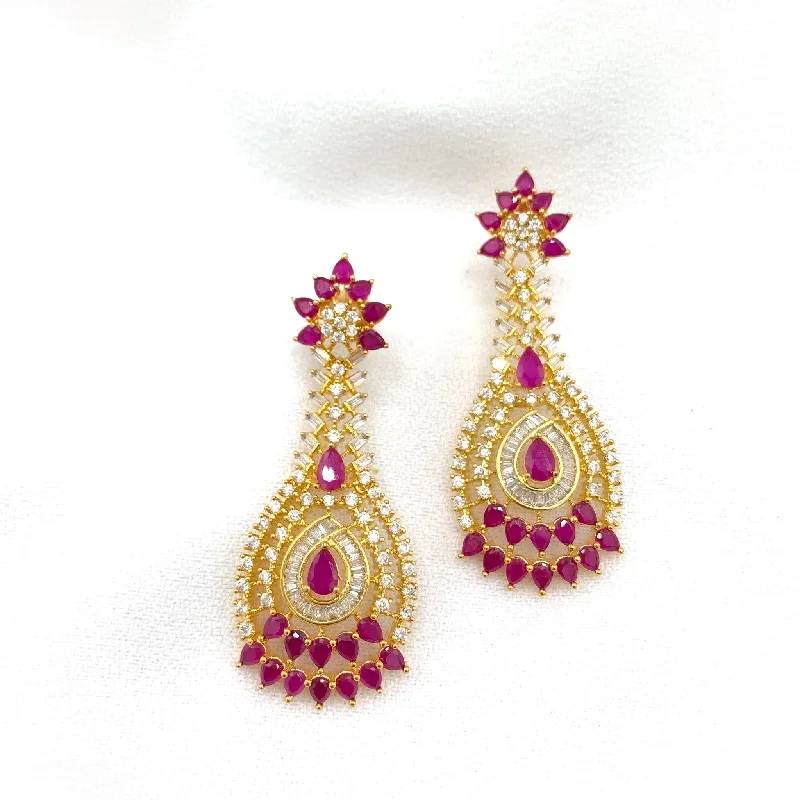 women’s earrings -Radiant Long Ruby Red and White Zircon (CZ) stone Earring