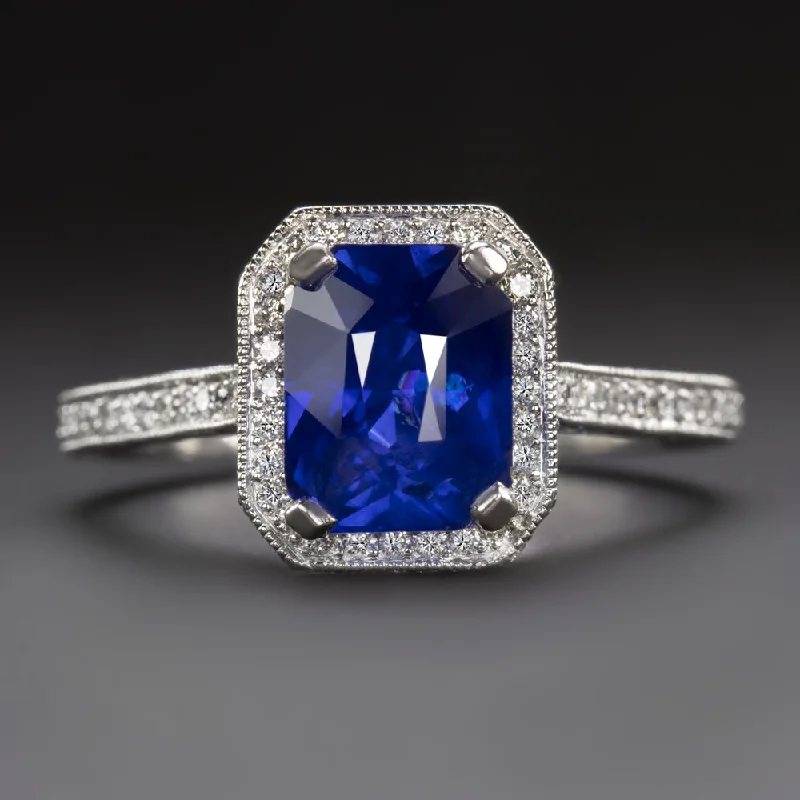 women’s engagement rings -SAPPHIRE DIAMOND ENGAGEMENT RING PLATINUM HALO RADIANT CUT 3.5 CARAT NATURAL