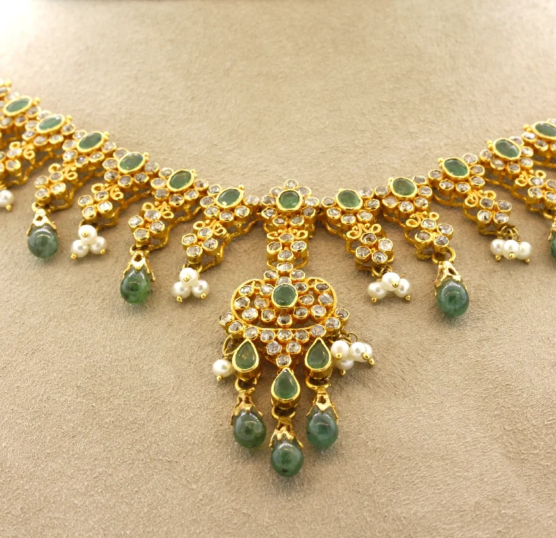 elegant gold necklaces for women -Emerald Diamond Seed-Pearl High-Karat Gold Necklace