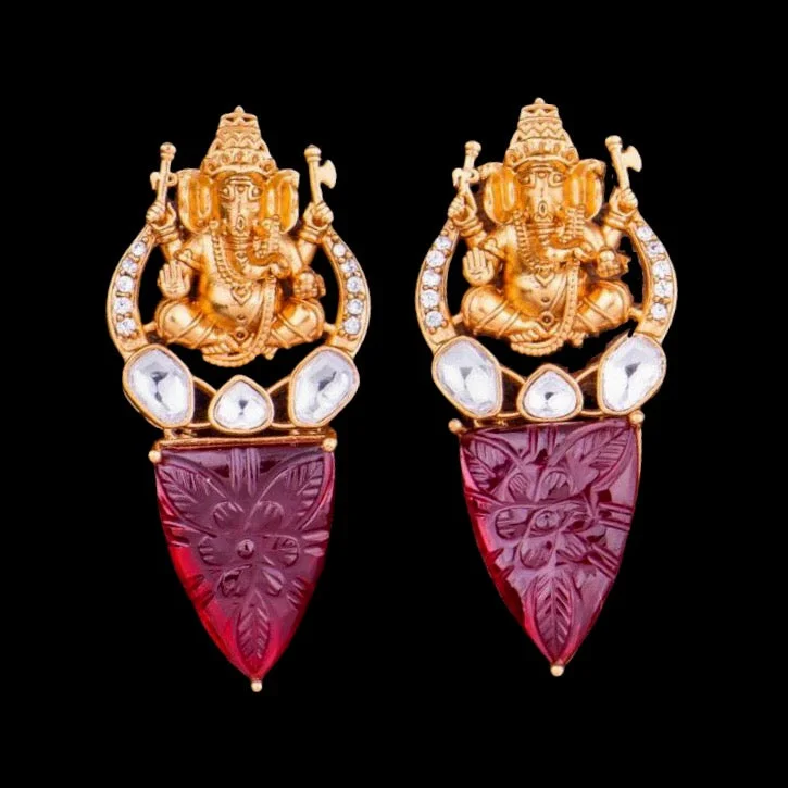 luxury earrings for women -Jadau Kundan Nakshi Ganesha Carved Stone Earring