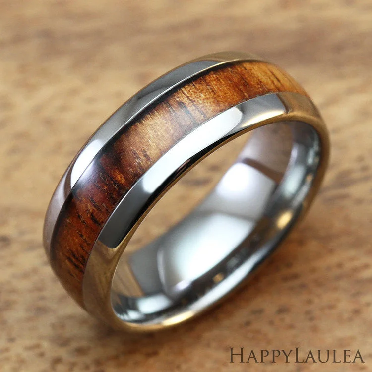 Tungsten Carbide Ring with Koa Wood Inlay, 8mm, Dome Shape, Comfort Fitment