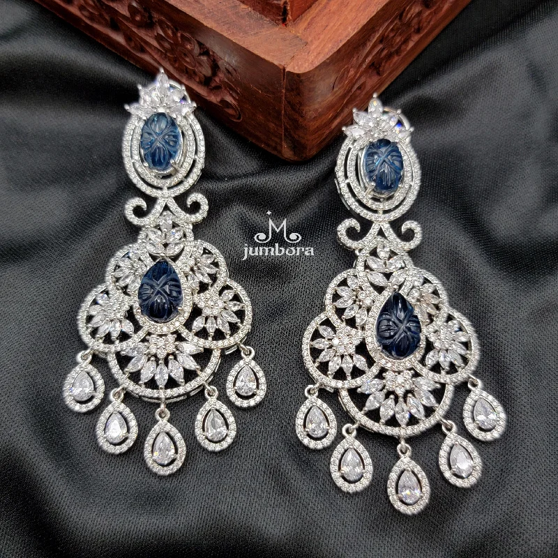 teardrop earrings for women -Carved Blue Stone Long White Gold AD Zircon (CZ) Earring