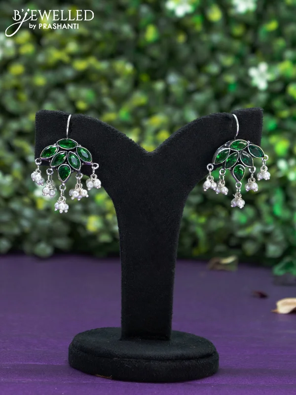 unique earrings for women -Oxidised hanging type earring with emerald stones and pearl hanhing