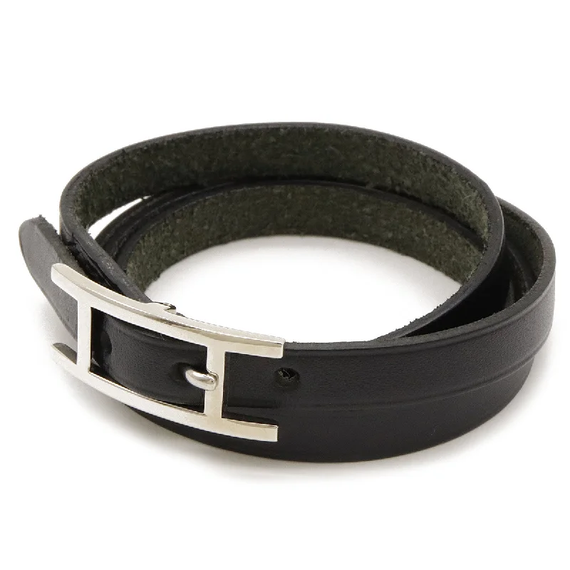 luxury silver bangles -Hermes Leather Api3 Long Bracelet Black Silver