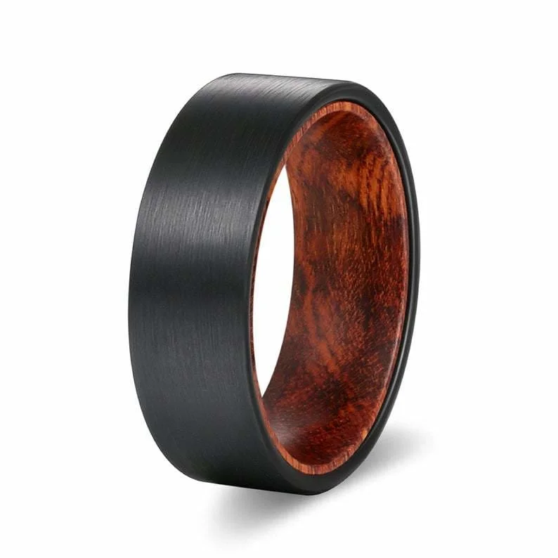 HINTO Men's Black Pipe Cut Tungsten Carbide Ring w/ Snake Wood Sleeve 8MM