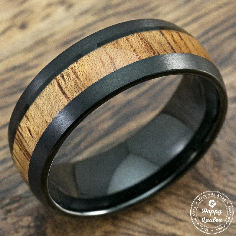 Black Tungsten Carbide Brush Finish Ring with Koa Wood Inlay, 6-8mm, Dome Shape, Comfort Fitment