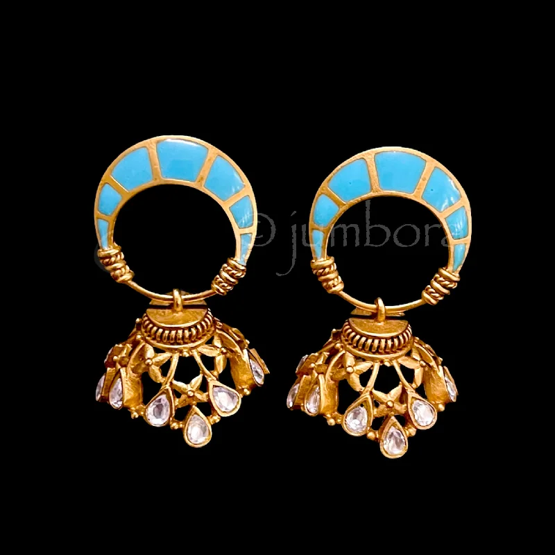 trendy earrings for parties -Amrapali Kundan Turquoise Blue Jhumka Earring