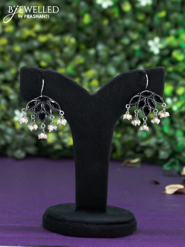 affordable earrings for women -Oxidised hanging type earring with black stones and pearl hanhing