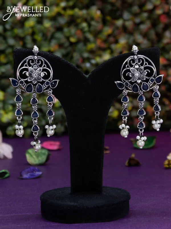 statement earrings with pearls -Oxidised earring floral design with sapphire stones and pearl hangings