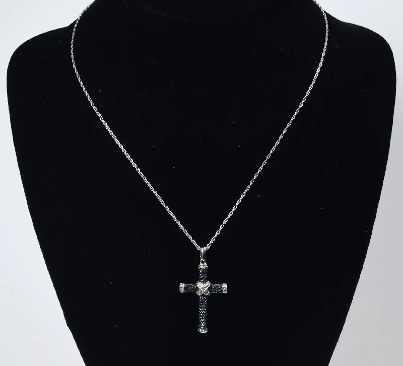 designer choker necklaces for women -Blue and White Diamond Sterling Silver Cross Pendant on Sterling Silver Chain Necklace