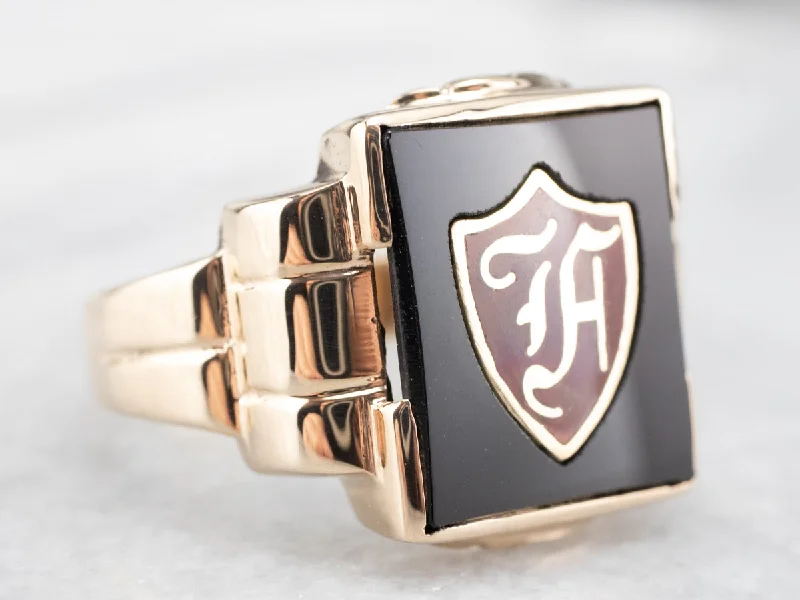 Vintage "F" Onyx and Enamel Signet Ring