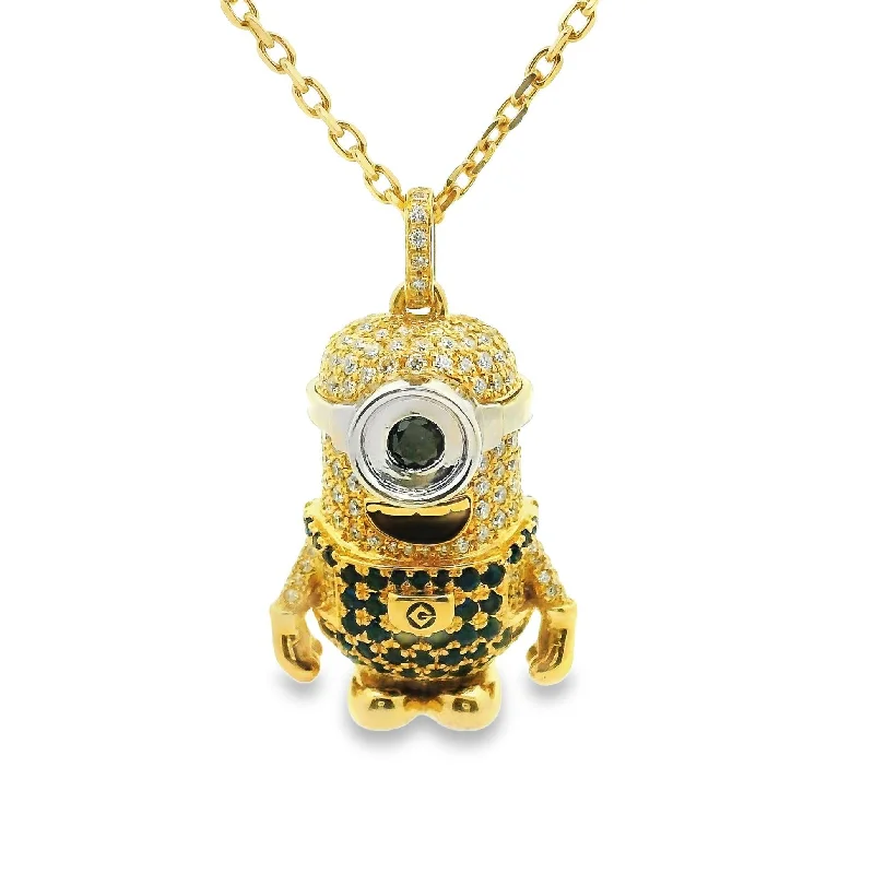 pearl necklaces for women -White & Black Diamond Sapphire 18k Yellow Gold “Minion” Pendant Necklace