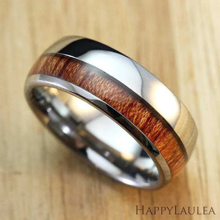 Tungsten Carbide Ring with Thick Offset Koa Wood Inlay, 8mm, Dome Shape, Comfort Fitment