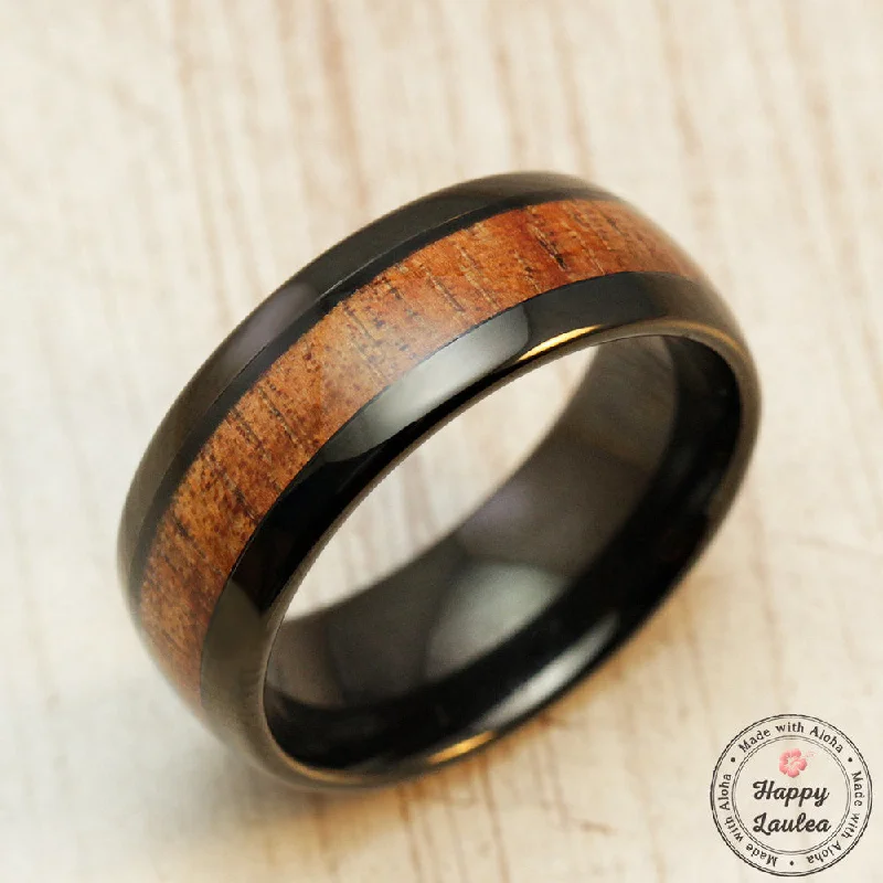 Black Tungsten Carbide Ring with Koa Wood Inlay - 8mm, Dome Shape, Comfort Fitment