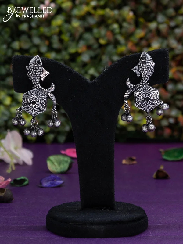 custom-designed hoop earrings -Oxidised earring fish design with black stone and hangings