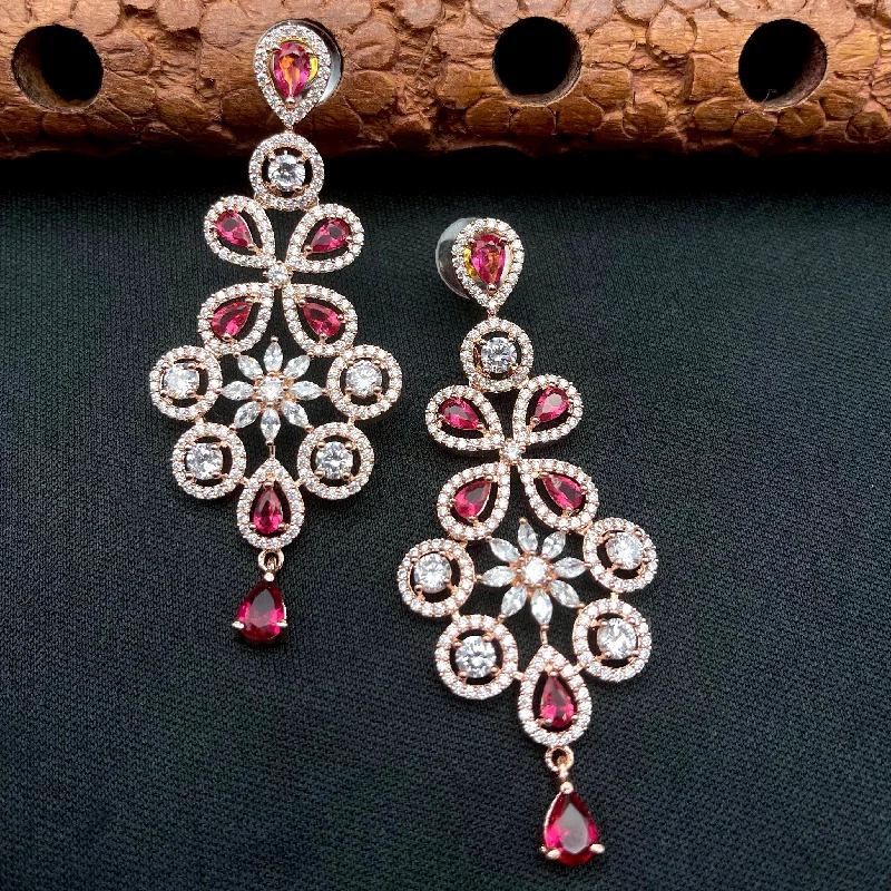 affordable earrings for women -Rose Gold Burgandy Red & White Zircon AD Earring