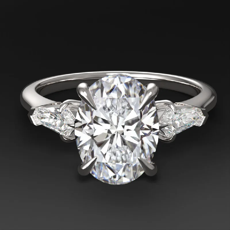 custom engagement rings -2ct LAB CREATED DIAMOND ENGAGEMENT RING 3 STONE OVAL BULLET CUT 14k WHITE GOLD