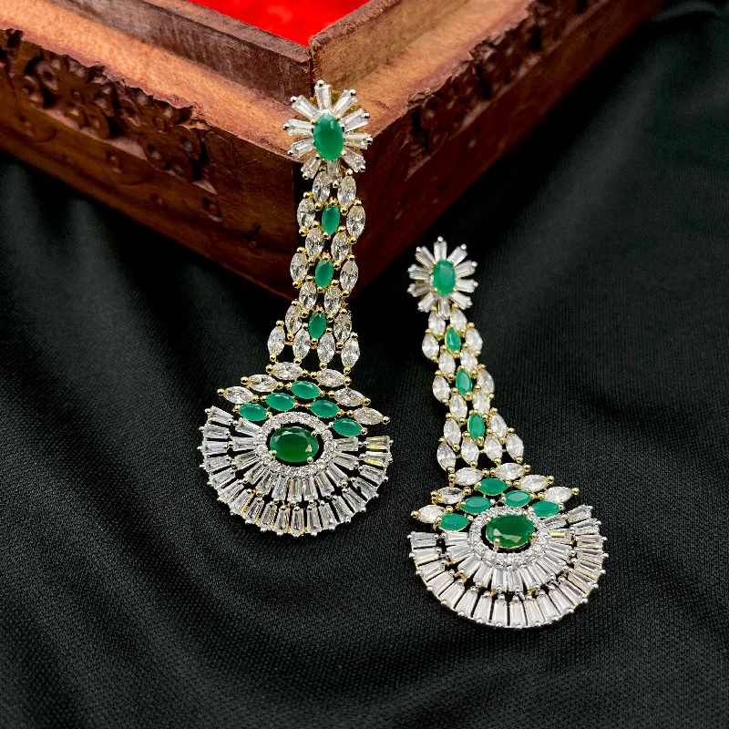 colorful earrings for women -Statement Long White & Green AD Zircon (CZ) Earrings