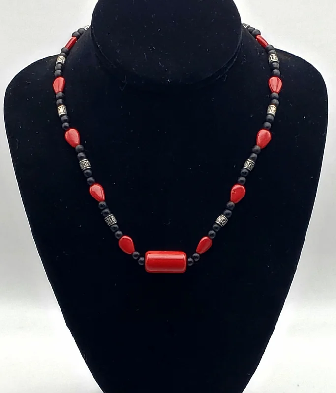 statement pendant necklaces for women -Vintage Red Glass, Black Wood, and Silver Tone Metal Bead Necklace - 18.25"