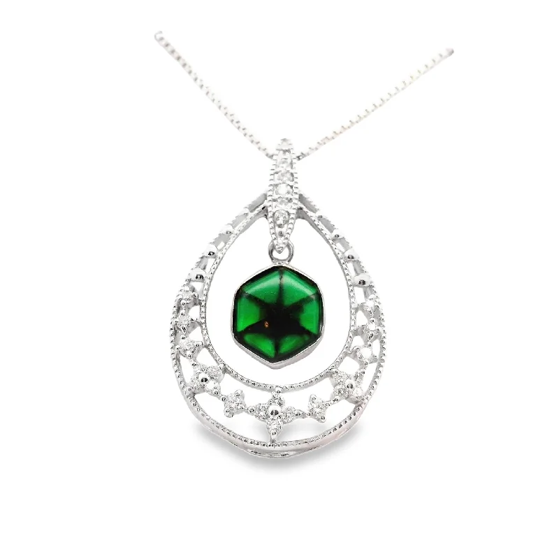 trendy necklaces for women -Trapiche Emerald Diamond 18k White Gold Necklace Pendant