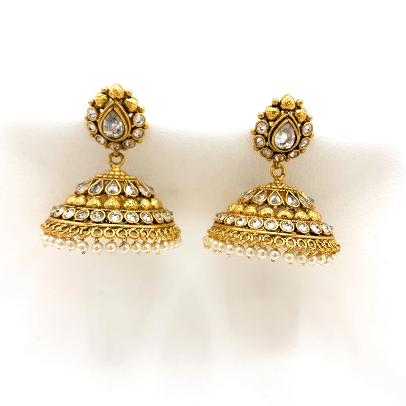 heart-shaped earrings for women -Antique Gold Big Jhumka Earring with White stones