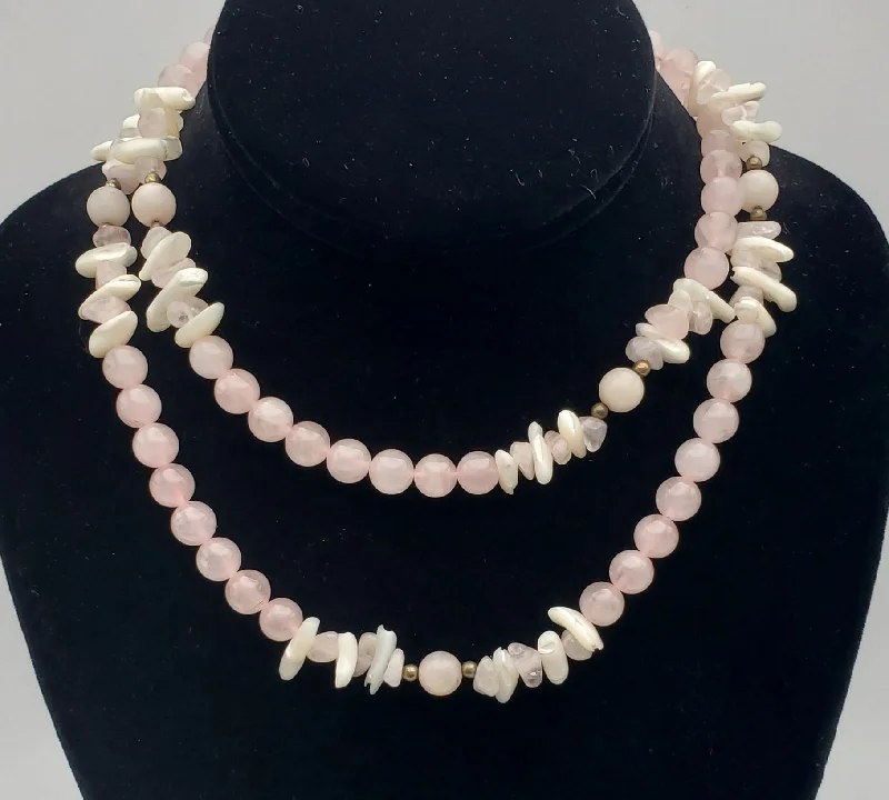 luxury diamond necklaces for women -Rose Quartz and Shell Bead Necklace - 32"