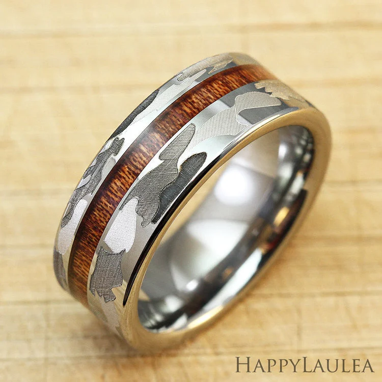 Camo Pattern Tungsten Carbide Ring with Koa Wood Inlay - 8mm, Flat Shape, Comfort Fitment (DISCONTINUED)