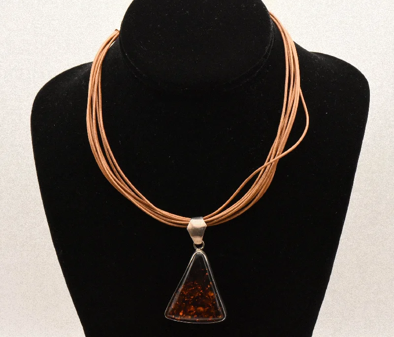 gemstone necklaces for women -Vintage Triangular Amber Pendant on Multi Cord Necklace - 16"