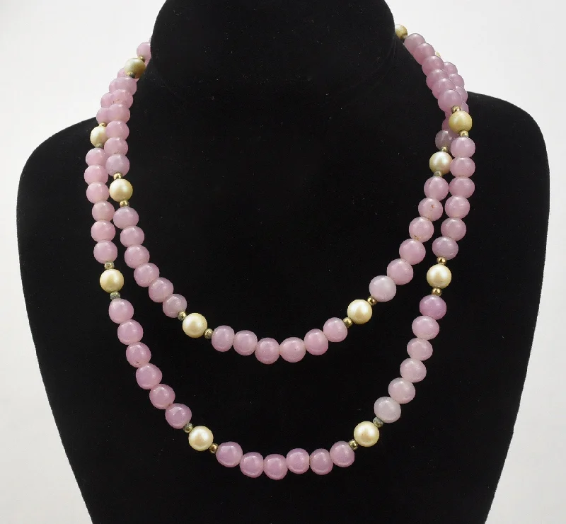 stylish modern necklaces for women -Pink Glass, Faux Pearl and Brass Bead Necklace - 36"