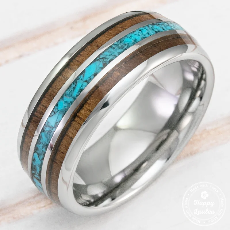 Tungsten Carbide Ring with Crushed Turquoise & Hawaiian Koa Wood Inlay - 8mm, Dome Shape, Comfort Fitment