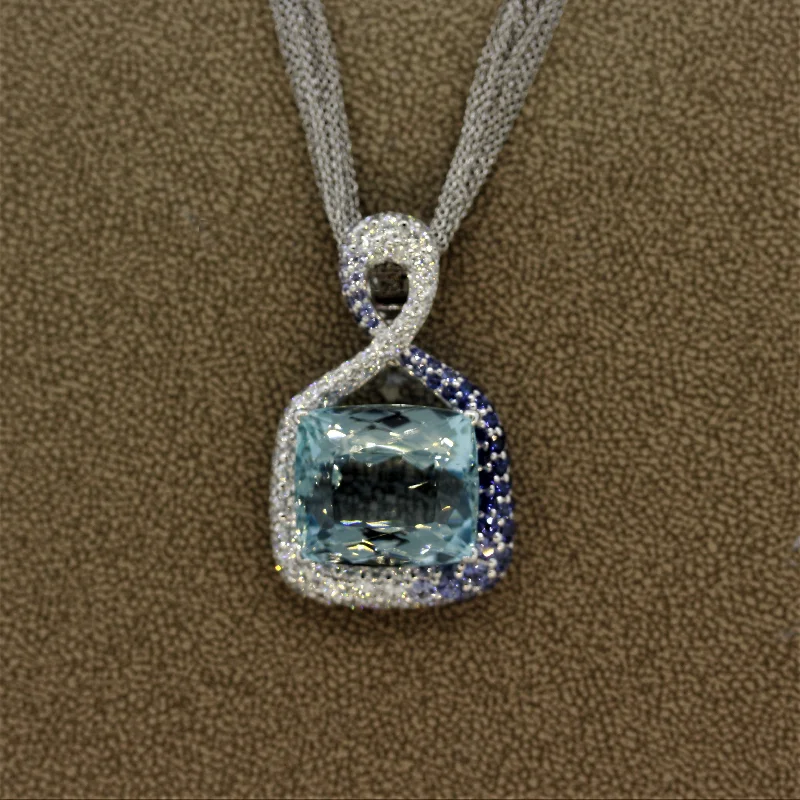 cute necklaces for women -Fine Aquamarine Diamond Sapphire Gold Pendant Necklace