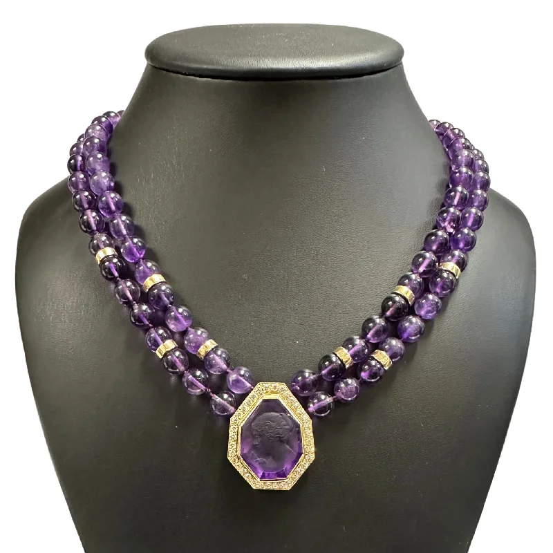 sapphire necklaces for women -Vintage Amethyst Cameo and Diamond Pendant Two Strand Necklace