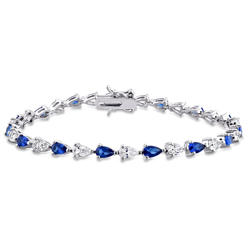 simple bangle bracelets for women -10 1/2 CT TGW Pear Shape Created Blue and White Sapphire Tennis Bracelet in Sterling Silver