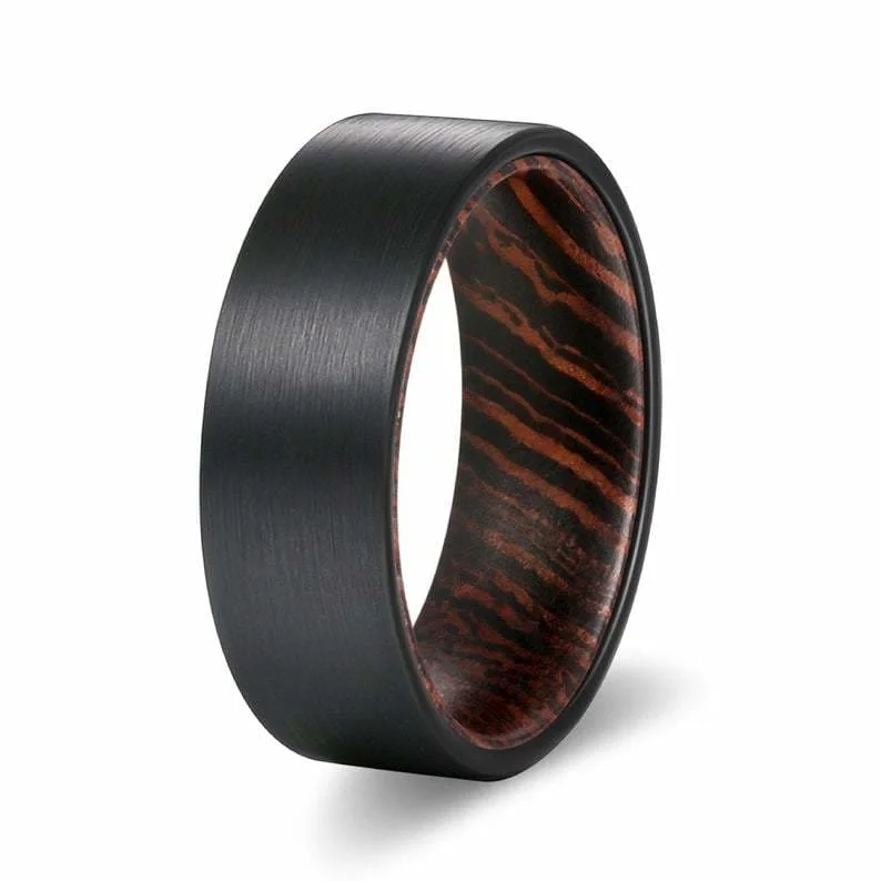 HOLT Men's Flat Black Tungsten Carbide Ring with Wenge Wood Sleeve 8mm