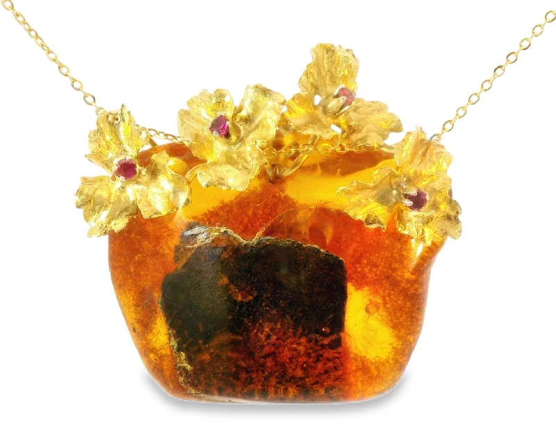 creative design necklaces for women -Rare Beautiful Amber 14K Gold Ruby Floral Pendant Necklace