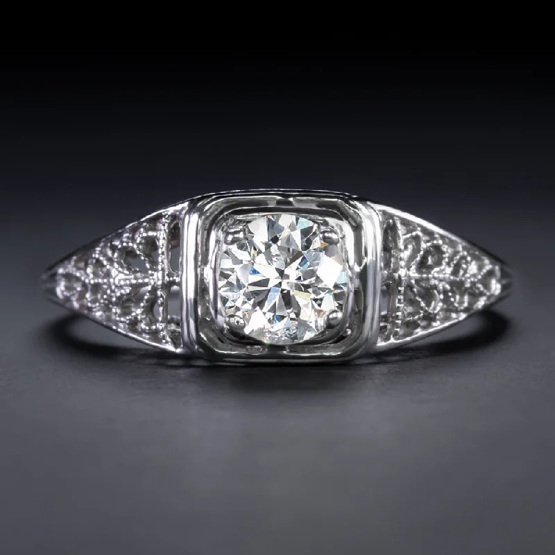 elegant engagement rings -ROUND CUT DIAMOND VINTAGE STYLE ENGAGEMENT RING 1/2 CARAT FILIGREE WHITE GOLD