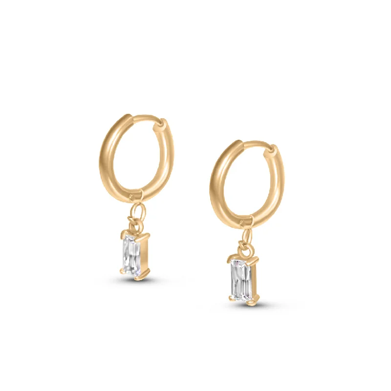 trendy gold earrings for women -Thin Clear Stone Huggies