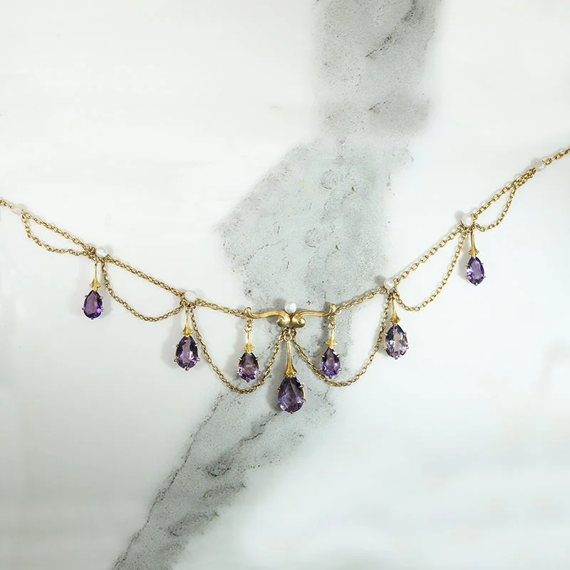 adjustable necklaces for women -Dreamy Amethyst & Pearl Festoon Necklace