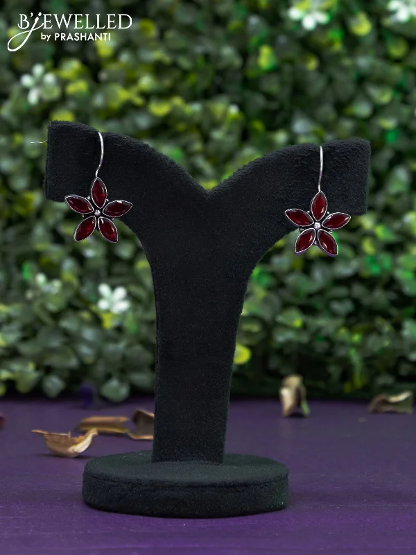 intricate earrings for women -Oxidised hanging type earring floral design with maroon stones