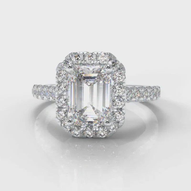 custom vintage engagement rings -Micropavé Emerald Cut Diamond Halo Engagement Ring