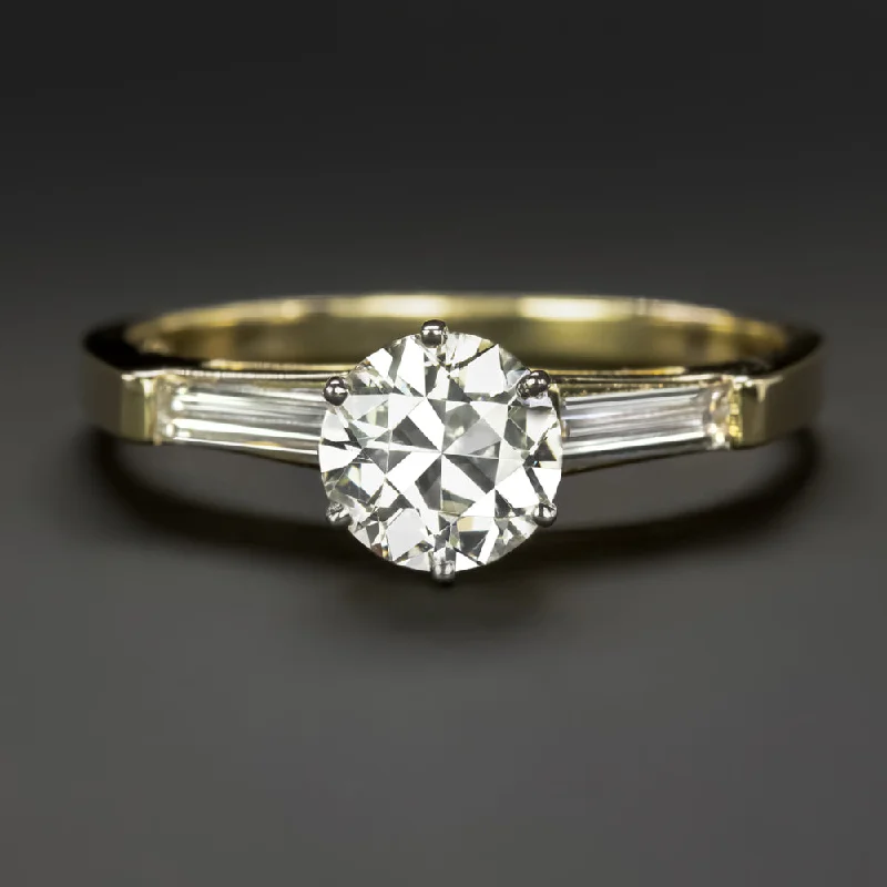 platinum diamond engagement rings -1 CARAT DIAMOND ENGAGEMENT RING ROUND CUT 14k YELLOW GOLD BAGUETTE ACCENTS 1ct