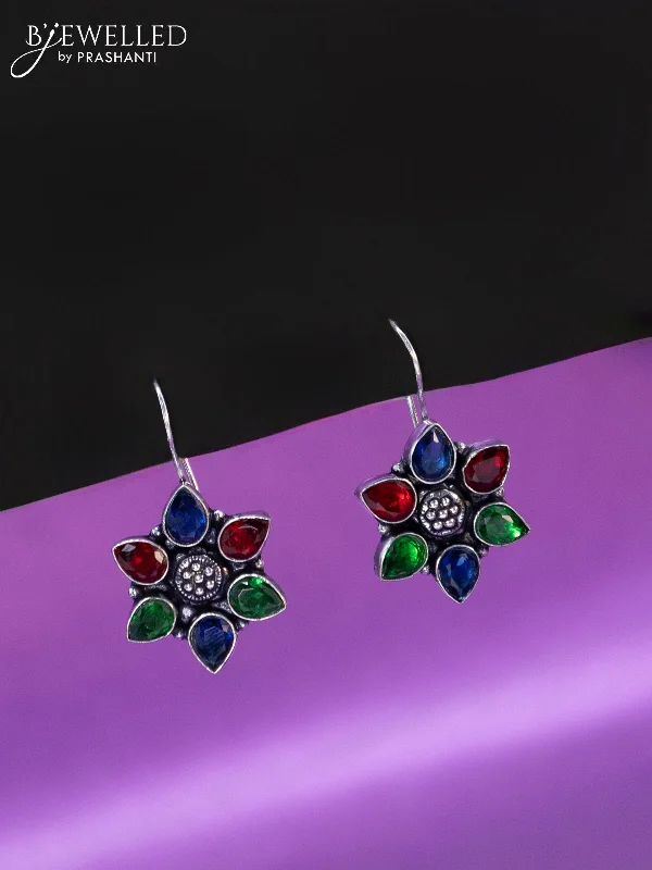 large earrings for women -Oxidised hanging type earring floral design with multi colour stones