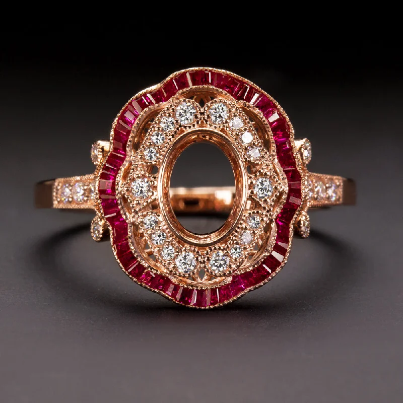 affordable engagement rings -VINTAGE STYLE DIAMOND RUBY ENGAGEMENT RING SETTING OVAL MOUNT ART DECO ROSE GOLD